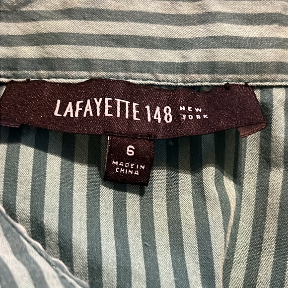 Lafayette 148 Women’s Green Stripe Hidden Button Up Long‎ Sleeve Collar Shirt 6 - Picture 3 of 7